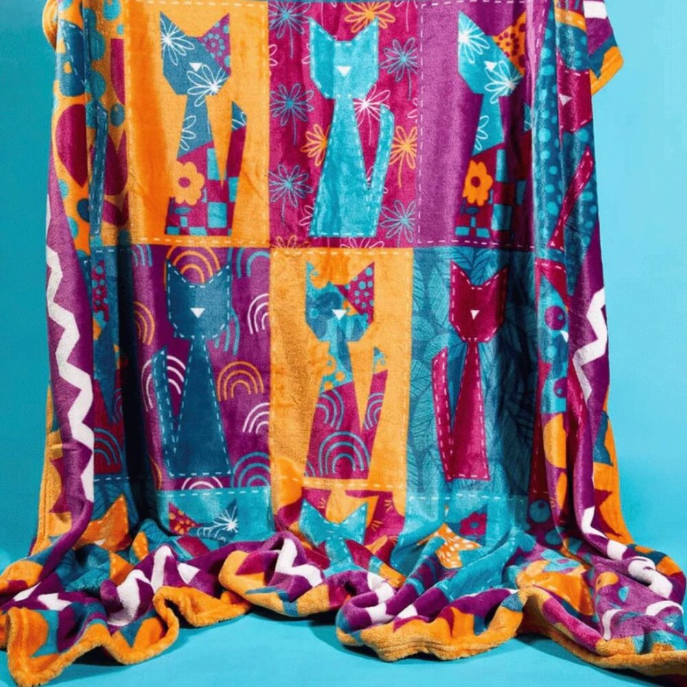 New Quilty Cats Throw Blanket Fleece Multicolor Quilt Style 50x60" Cat Lady Box